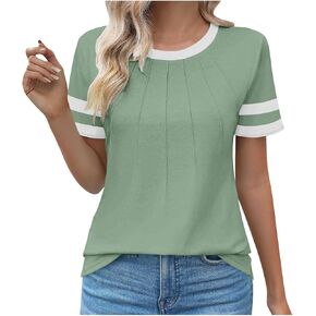 Womens Short Sleeve T-Shirts Summer Tops Casual Color Block Tunic Pleated Crewneck Workout Clothes Fashion Outfits