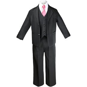 6pc Boy Black Vest Set Formal Tuxedo Suits with Satin Coral Necktie Baby to Teen