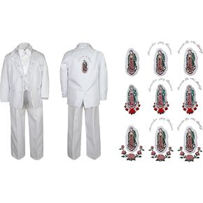 Baby Boy Teen Baptism Formal White Paisley Suit Silver Guadalupe on Back SM-20