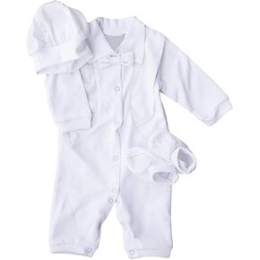 Baby Boy 3 Pcs Set Christening Baptism Long Sleeve White Cotton Formal Outfit