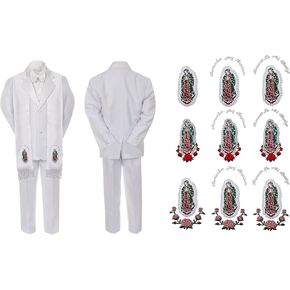 New Born Baby Boy Baptism White Notch Lapel Suit Silver Guadalupe On Stole SM-20