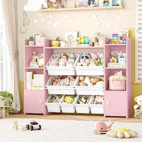FOTOSOK 55''Large Toy Storage Organizer with 8 Toy Bins, Toy Organizers and Storage with Shelf and 6 Storage Cubbies, Bookshelf for Kids, Playroom Organization and Storage Bins, White