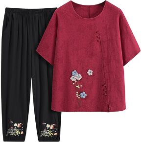 Cotton Lounge Sets for Women Plus Size Vintage Floral Embroidery Shirts Capri Pants Pajamas Set Two-Piece Loungewear