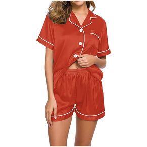 Womens Silk Pajamas Short Sleeve Loungewear Two-Piece Sleepwear Satin Button Down Shirts Pjs Sets Lounge Nightwear
