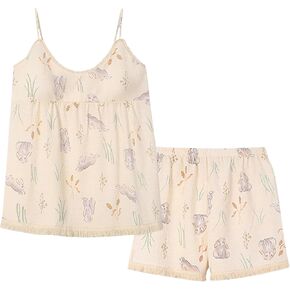 Women's Summer Pajama Set with Built in Bra Cute Cami Tops and Shorts Set Casual Boho 2 Piece Cotton Lounge Sets