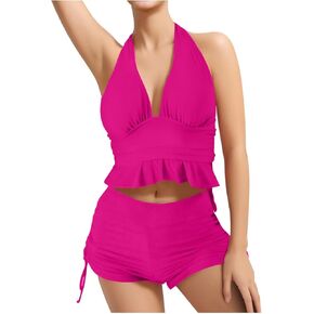 Women High Waisted Bikini Sets Two Piece Ruffle Swimsuit Tummy Control Bathing Suit Halter V Neck Swimwear with Shorts