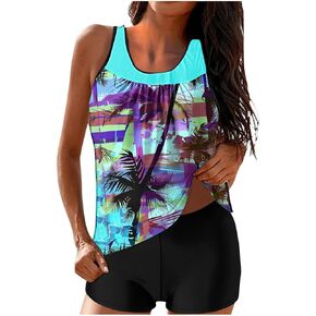 Two Piece Tankini Bathing Suit Retro Floral Blouson Swim Tank Top with High Waist Tummy Control Shorts Modest Swimwear