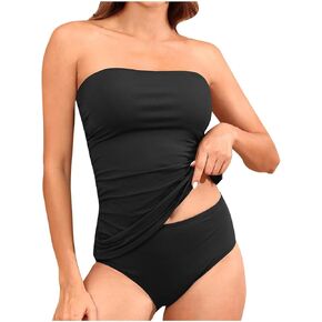 High Waisted Bandeau Bikini Set - Women Strapless Two Piece Swimsuits Tummy Control Full Coverage Trunks Swimwear