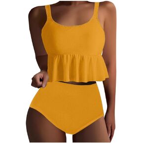 yardsong Cute Bathing Suits for Women Two Piece Cropped Tankini Swimsuit Ruffle Hem Swim Tank Top with High Waisted Bottom