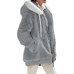 Winter Jackets for Women Fuzzy Fleece Jacket Hooded Color Block Patchwork Cardigan Coats Soft Shaggy Warm Outerwear