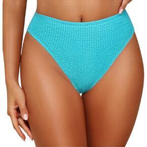 Women's Bikini Swim Bottom Briefs Ribbed High Cut Mid Waist Cheeky Bathing Suit Bottom Tummy Control Swimwear Bottoms