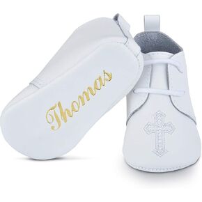 BabyShoe Personalized Christening - Baptism Leather Shoes for Baby Boys & Girls with Hand Embossed Name & Date – Newborn Shoes for Special Occasions – Great Gift Idea – White