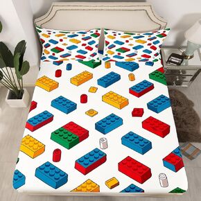 Feelyou Toddler Building Blocks Fitted Sheet Twin Size Kids Toy Brick Bedding Set for Boys Teens Games Bed Sheet Set Breathable Colorful Bed Cover Room Decor