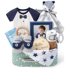 Golray Baby Boy Gifts for Baby Shower, 10pcs Newborn Essential with Fox Lovey/Blanket/Onesie/Wooden Rattle/Socks/Bib/Suitcase, Welcome Baby Gift Box Gender Reveal Infant Boy Gift Basket Set 0-6 Month