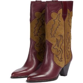 Lehoor Women Cowboy Cowgirl Knee High Western Boots مكدسة كعب مكتنزة مدبب إصبع القدمين على السحب المطرز على عجل عجل طويل القامة أحذية تمتد تمتد الترقيع الخمر