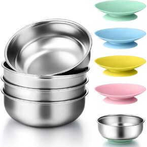 Palksky Stainless Steel Bowls, Kids Bowl with Suction Base, Soup Container for Baby Feeding, Dishwasher Safe, Food Grade, BAP Free, Non Toxic, Set of 4