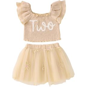 KEKEMI Toddler Girl Birthday Outfits 2nd 3rd 4th 5th 6th 7th Birthday Embroidery Shirt B-Day Tutu Skirt Set Cake Smash Outfit