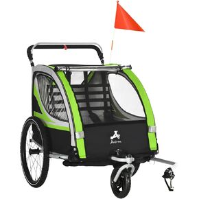 Aosom 2-in-1 Walk/Ride Child Baby Bike Trailer for Kids 2 Seater, High-Visibility Bike Stroller for Toddler Wagon, Weather-Strong Double Bicycle Trailer Accessory for Kids