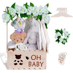 Wooden Baby Shower Crate Closet with Handle,Storage Basket,Baby Clothes Hangers, Newborn Boy Girl Welcome Gift Basket