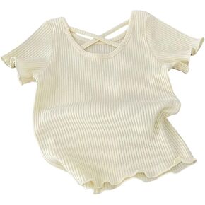 Ribbed Shoulder Less Tshirts for Girls Baby Summer Short Sleeve Undershirt Solid Ruffle Tee Kid Short Sleeve Stripe