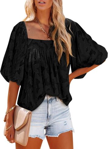 Womens Square Neck Tunic Shirts Tops Fashion Casual Textured Short Sleeve Loose Fit Bell Sleeves Ruffle Flowy T Shirts in Kuwait