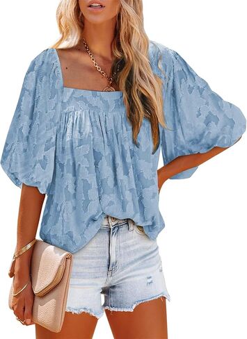 Womens Square Neck Tunic Shirts Tops Fashion Casual Textured Short Sleeve Loose Fit Bell Sleeves Ruffle Flowy T Shirts in Kuwait
