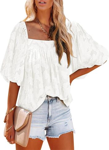 Womens Square Neck Tunic Shirts Tops Fashion Casual Textured Short Sleeve Loose Fit Bell Sleeves Ruffle Flowy T Shirts in Kuwait