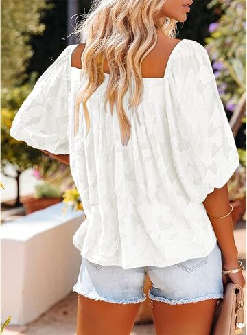 Womens Square Neck Tunic Shirts Tops Fashion Casual Textured Short Sleeve Loose Fit Bell Sleeves Ruffle Flowy T Shirts in Kuwait