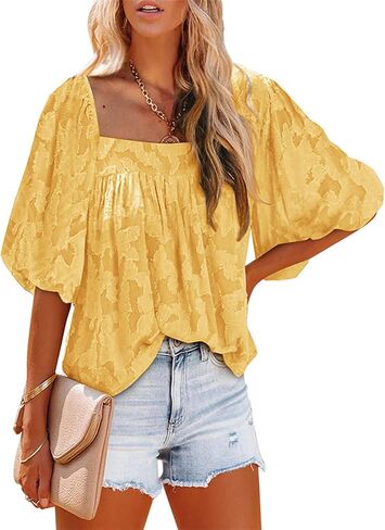 Womens Square Neck Tunic Shirts Tops Fashion Casual Textured Short Sleeve Loose Fit Bell Sleeves Ruffle Flowy T Shirts in Kuwait
