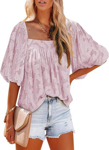 Womens Square Neck Tunic Shirts Tops Fashion Casual Textured Short Sleeve Loose Fit Bell Sleeves Ruffle Flowy T Shirts in Kuwait