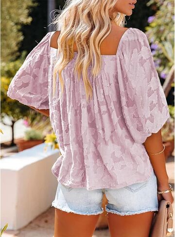 Womens Square Neck Tunic Shirts Tops Fashion Casual Textured Short Sleeve Loose Fit Bell Sleeves Ruffle Flowy T Shirts in Kuwait