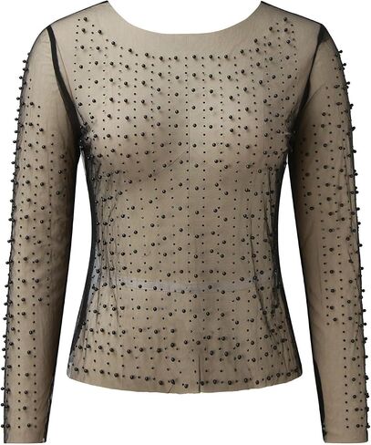 Women Pearl Rhinestone Sheer Mesh Crop Top Sexy See Through Long Sleeve Slim Fit Cropped Blouse Cover Ups for in Saudi Arabia