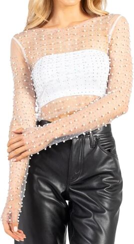 Women Pearl Rhinestone Sheer Mesh Crop Top Sexy See Through Long Sleeve Slim Fit Cropped Blouse Cover Ups for in Saudi Arabia
