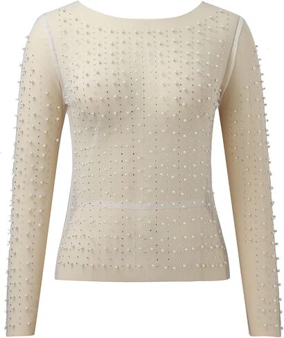 Women Pearl Rhinestone Sheer Mesh Crop Top Sexy See Through Long Sleeve Slim Fit Cropped Blouse Cover Ups for in Saudi Arabia