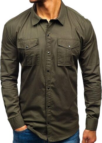 Men Long Sleeve Hiking Shirts Lightweight Tactical Button Down Cargo Shirt Solid Color Slim Fit Shirt with Pockets in Kuwait