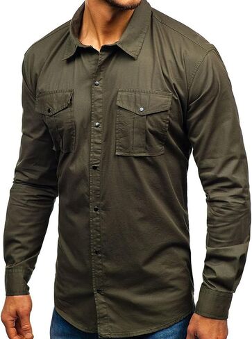 Men Long Sleeve Hiking Shirts Lightweight Tactical Button Down Cargo Shirt Solid Color Slim Fit Shirt with Pockets in Kuwait