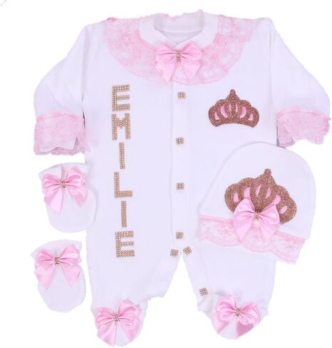 Custom Newborn Baby Clothes Set for Girls – 3 PCS Personalized 100% Cotton Romper, Cap, and Mittens – Unique Outfit in Saudi Arabia
