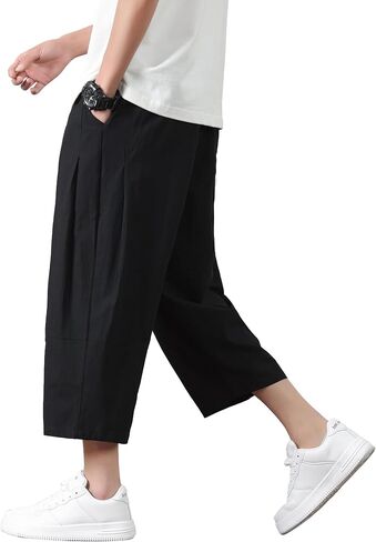 PRIJOUHE Mens Harem Pants Casual Lightweight Loose Fit Capri Pants Linen Beach Pants with Elastic Waistband in Kuwait