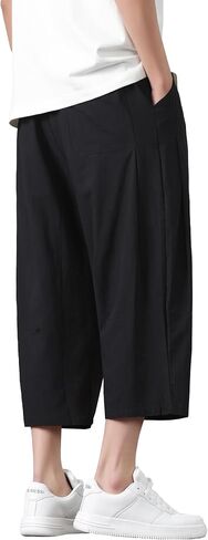 PRIJOUHE Mens Harem Pants Casual Lightweight Loose Fit Capri Pants Linen Beach Pants with Elastic Waistband in Kuwait