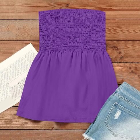 Tube Tops for Women Beach Off Shoulder Shirts Sleeveless Sexy Tops Strapless Bandeau Print Smocked Ruffled T-Shirt in Saudi Arabia