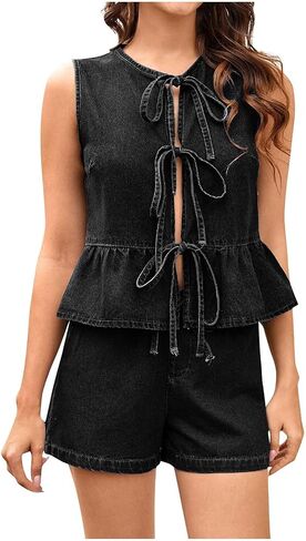 Women's 2 Piece Denim Set Sleeveless Lace Up Tank Top Elastic Waist Shorts Matching 2025 Summer Casual Trendy Outfits in Saudi Arabia