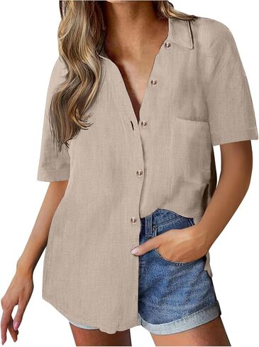 Linen Cotton Shirts for Women Button Down Casual Collar Blouse Dressy Casual Loose Fit Short Sleeve Tops with Pocket in Kuwait