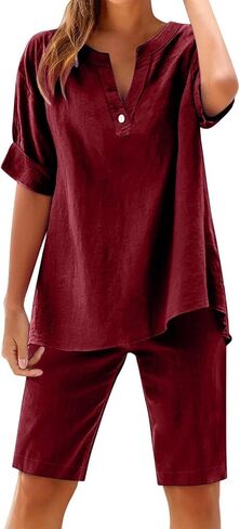 Linen 2 Piece Lounge Set Women Summer Short Sleeve V Neck Shirts Baggy Bermuda Shorts Beach Going Out Casual Outfits in Saudi Arabia