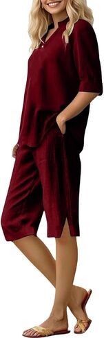 Linen 2 Piece Lounge Set Women Summer Short Sleeve V Neck Shirts Baggy Bermuda Shorts Beach Going Out Casual Outfits in Saudi Arabia