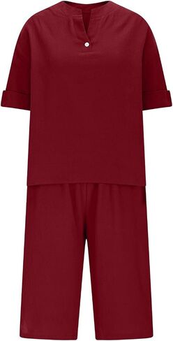 Linen 2 Piece Lounge Set Women Summer Short Sleeve V Neck Shirts Baggy Bermuda Shorts Beach Going Out Casual Outfits in Saudi Arabia