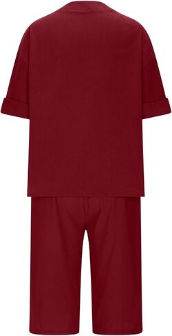 Linen 2 Piece Lounge Set Women Summer Short Sleeve V Neck Shirts Baggy Bermuda Shorts Beach Going Out Casual Outfits in Saudi Arabia