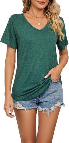 Ladies' Summer Short Sleeve Shirts V Neck Solid Color Loose T Shirts Stylish Blouses Tunic Tops in Saudi Arabia