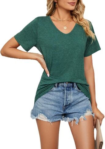 Ladies' Summer Short Sleeve Shirts V Neck Solid Color Loose T Shirts Stylish Blouses Tunic Tops in Saudi Arabia