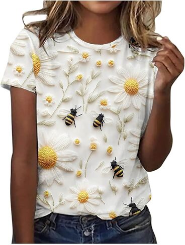 المرأة يكون عباد الشمس Tees Bee Compleys Conture Print Printed Summer Disual Tirts Short Sleeve Tops Teats Cute Tees in Saudi Arabia