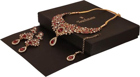 Touchstone New Indian Bollywood Charming Look Fine Filigree Sparkling Rhinestones Designer Jewelry Necklace Set in Gold Tone for Women. in Kuwait